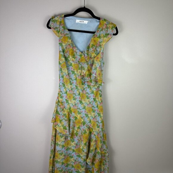 ASTR The Label Floral Ruffle Maxi Dress Blue Yellow Pink Size S Read Side Zipper - Picture 4 of 11